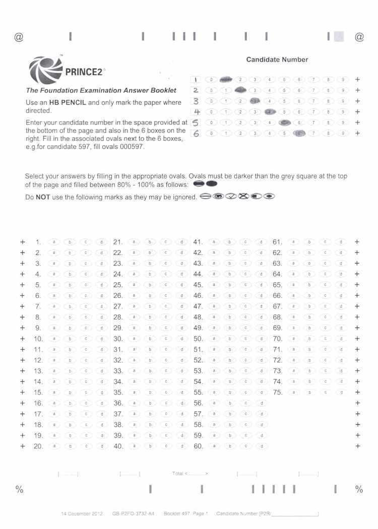 PRINCE2 Foundation exam answer sheet